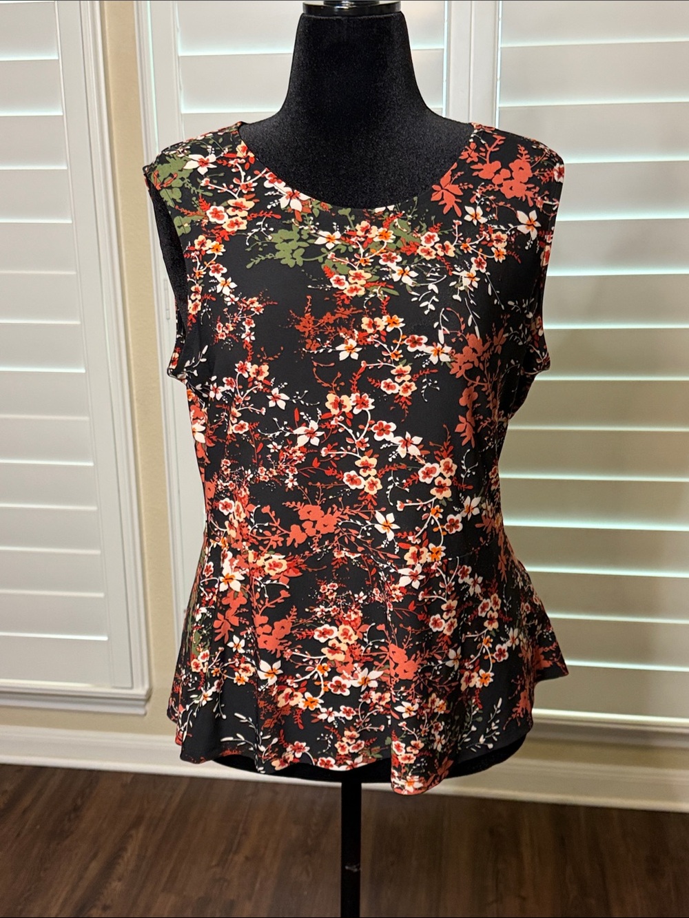 Nine West Black Floral Peplum Camisole with Red and Green Blooms